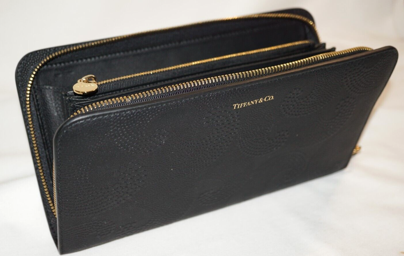 Tiffany & Co. Black Wave Embossed Continental Leather Zip Wallet (InS)52