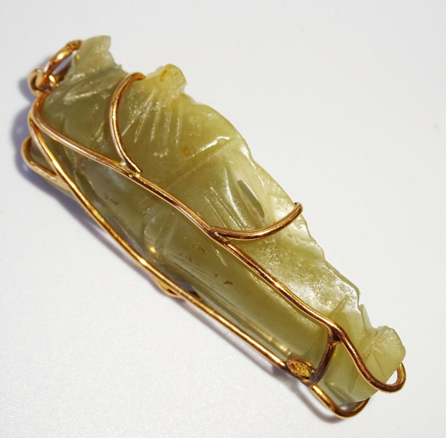 19C Chinese Nephrite Jade Carved 14K Yellow Gold Pendant God Long-life (FeO)#28