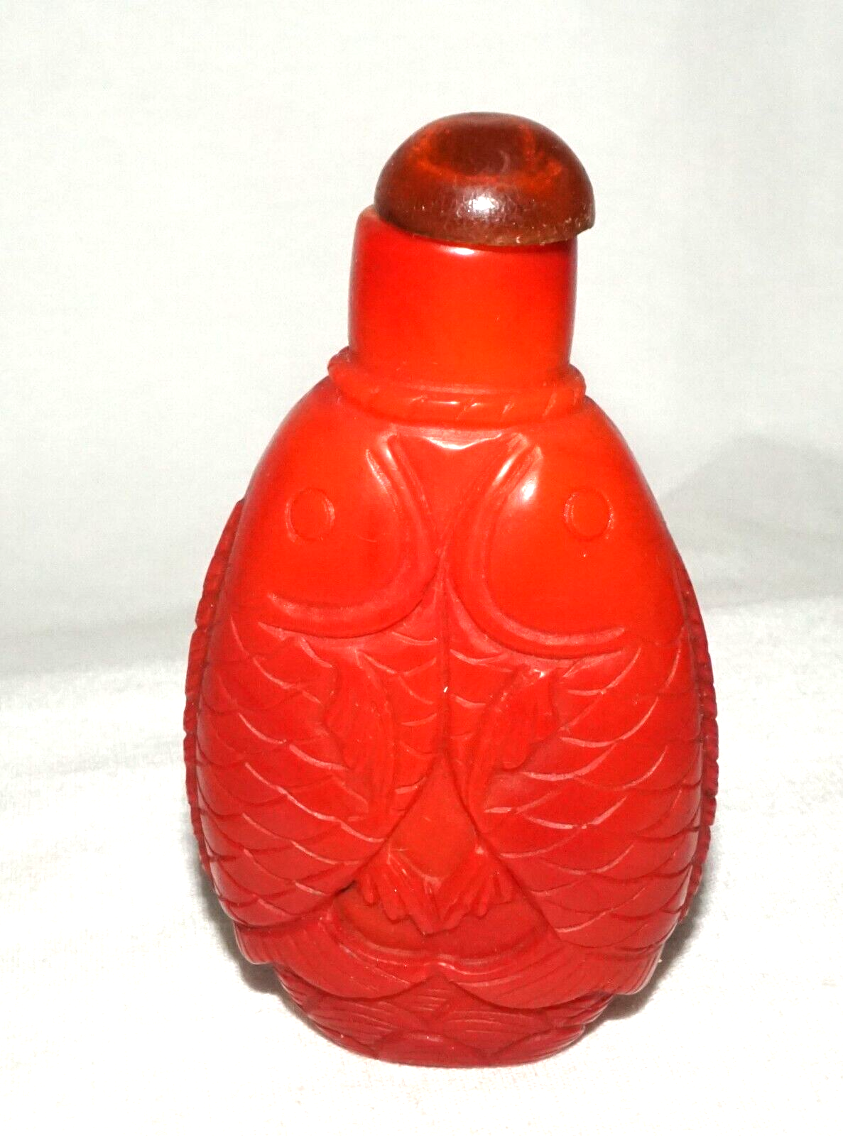 Vintage Chinese Red Glass Snuff Bottle w. Double Leaping Carp Motif (FeH)