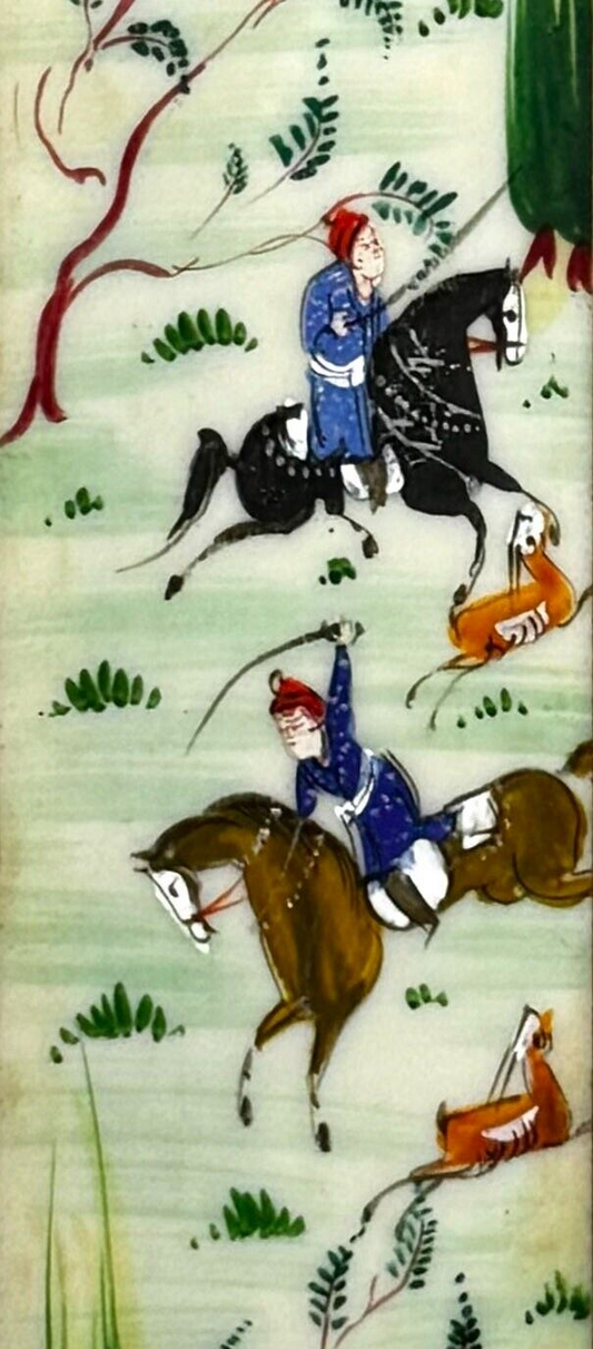 Vintage Persian Khatam Hunting Scene Hand Painted Miniature Painting (HiC)