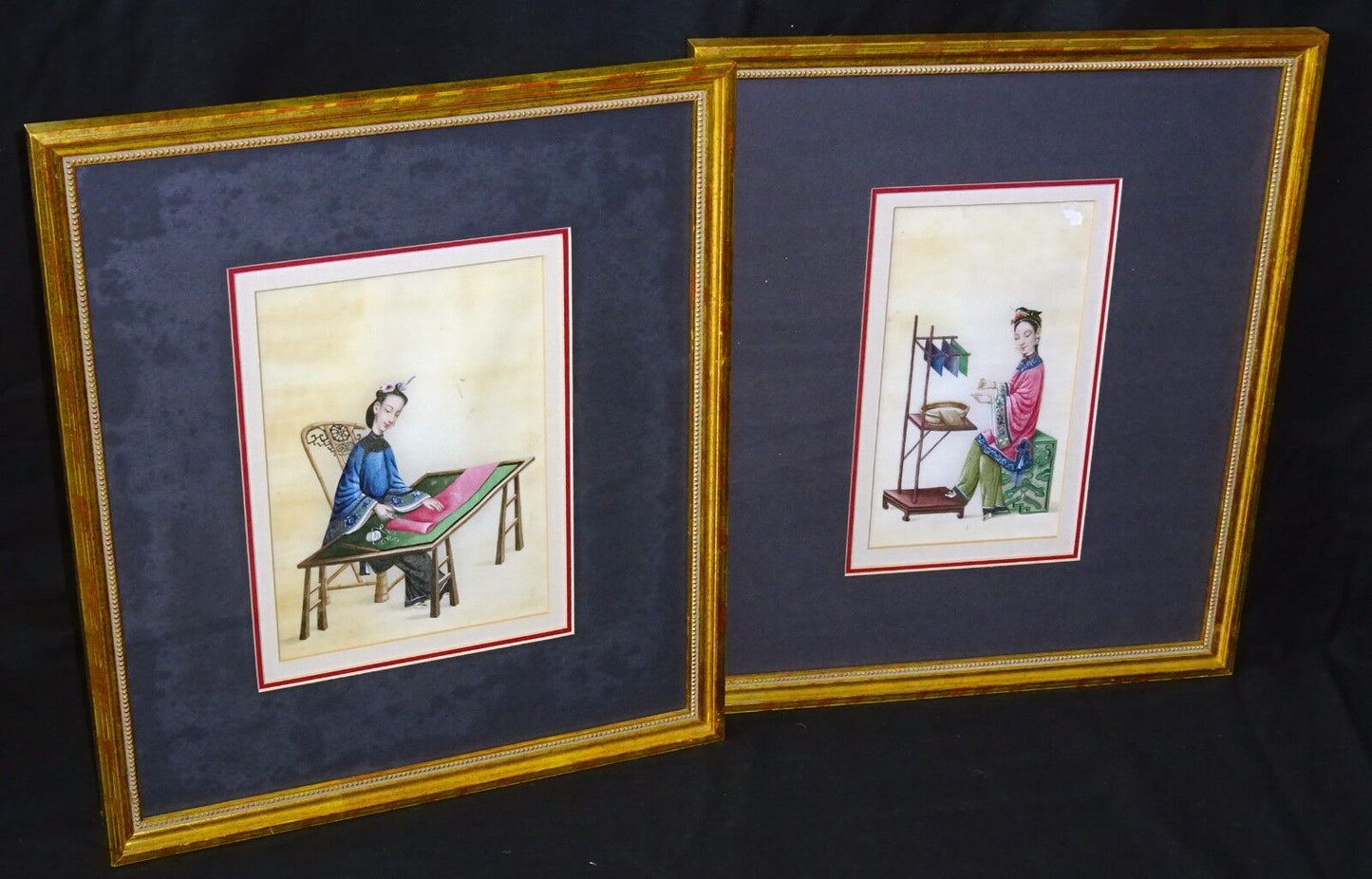 2x 19C Chinese Framed Qing WC Paintings on Pith of Seated Fine Ladies (Sul) G#1