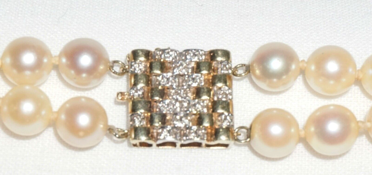 Vintage Double Strand Pearl Necklace 14k Y. Gold Clasp w. 28x Diamonds (BiB)