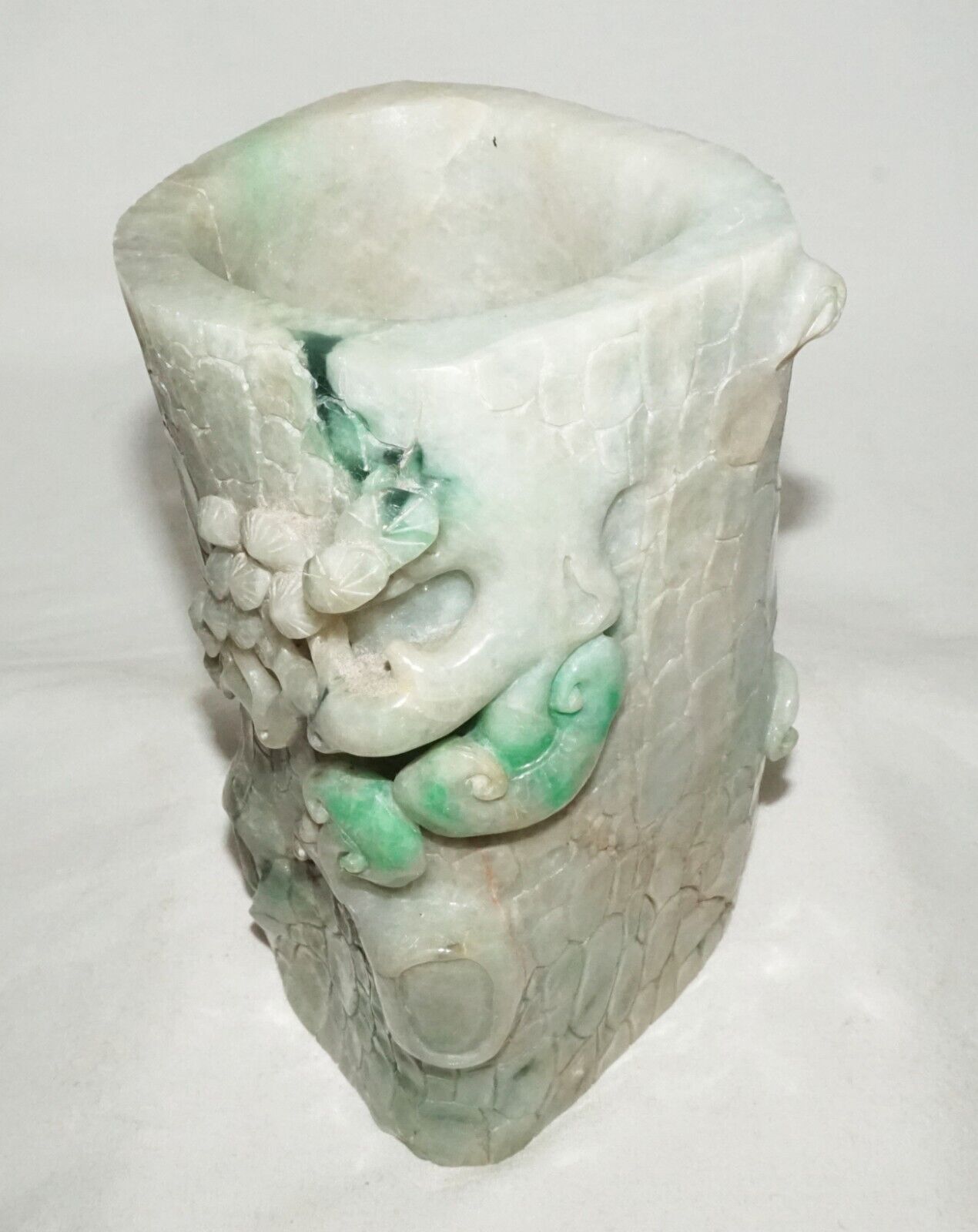 Chinese Jadeite Jade Carved Brush Pot w. Pine Tree Stump & Lingzhi Motifs (InS)