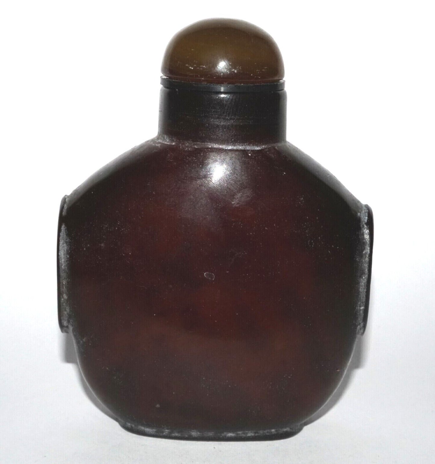 Vintage Chinese Brown Agate Carved Snuff Bottle w. Mask Handles (LeS) G12