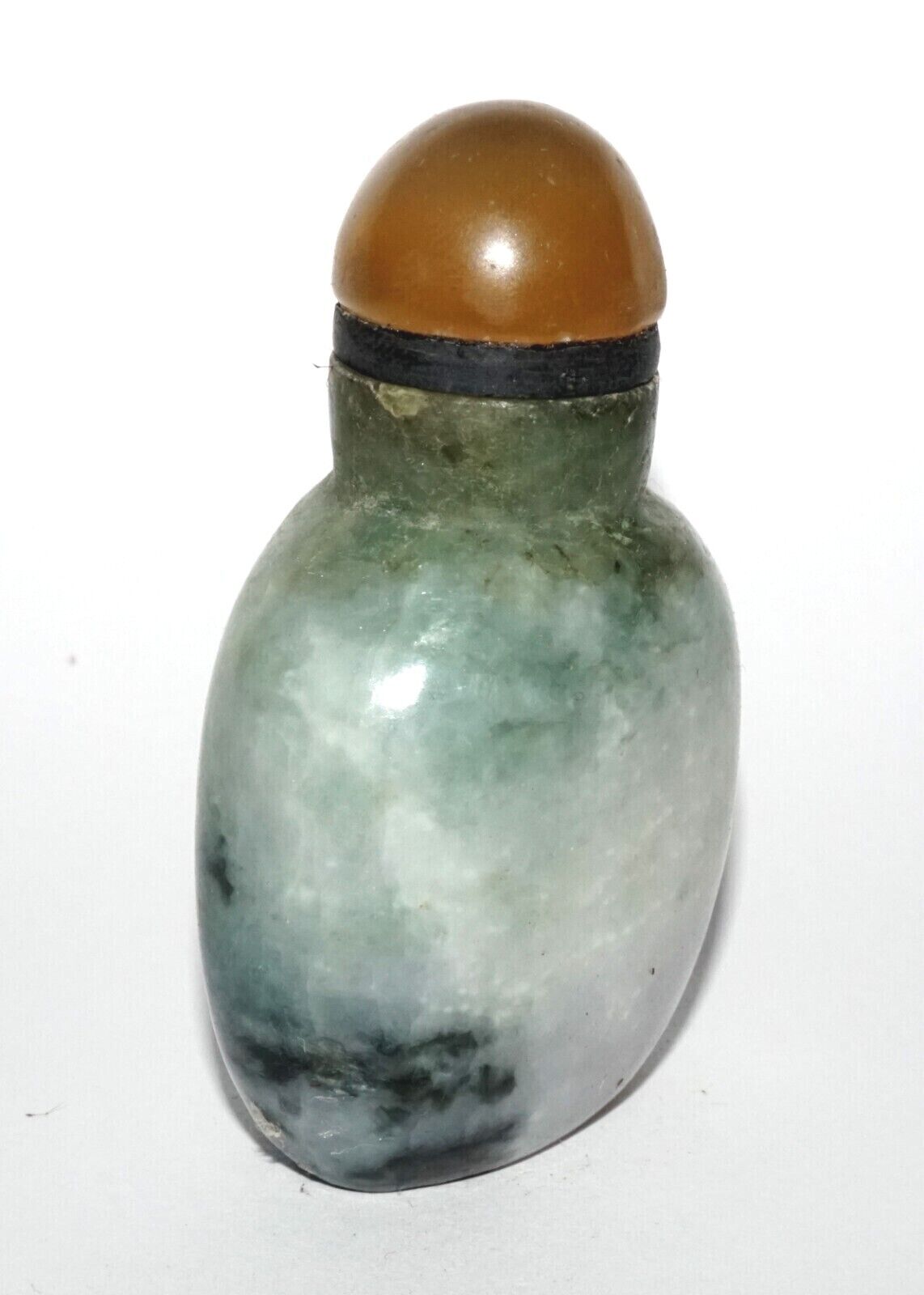 Vintage Chinese Jadeite Jade Carved Snuff Bottle w. Agate Stopper (LeS) G12