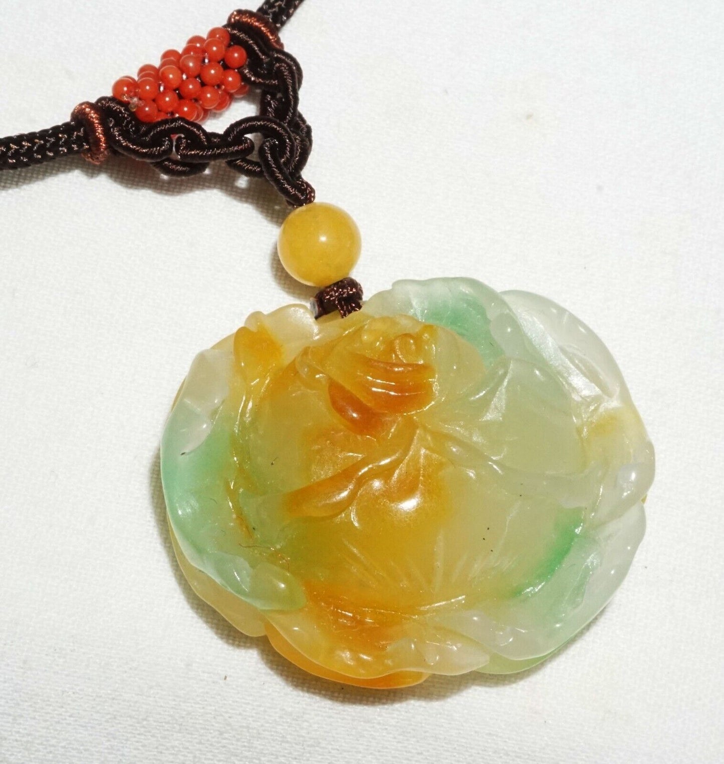 Vintage Chinese Semi Translucent Jadeite Jade Pendant w. Flower Motif (---)