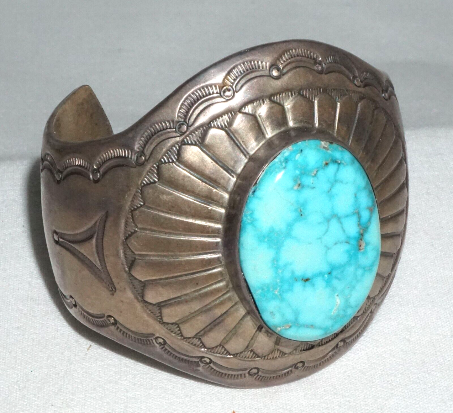 Vintage Navajo Heavy Sterling Silver Bracelet w. Turquoise Harvey Mace (GeB)#17