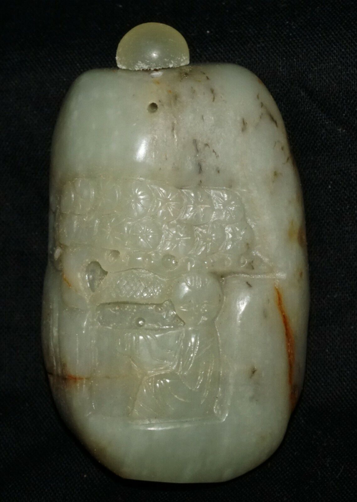 Chinese Jade Pebble Carved Snuff Bottle w. Figure under Pine Tree Motif (LeS) G2