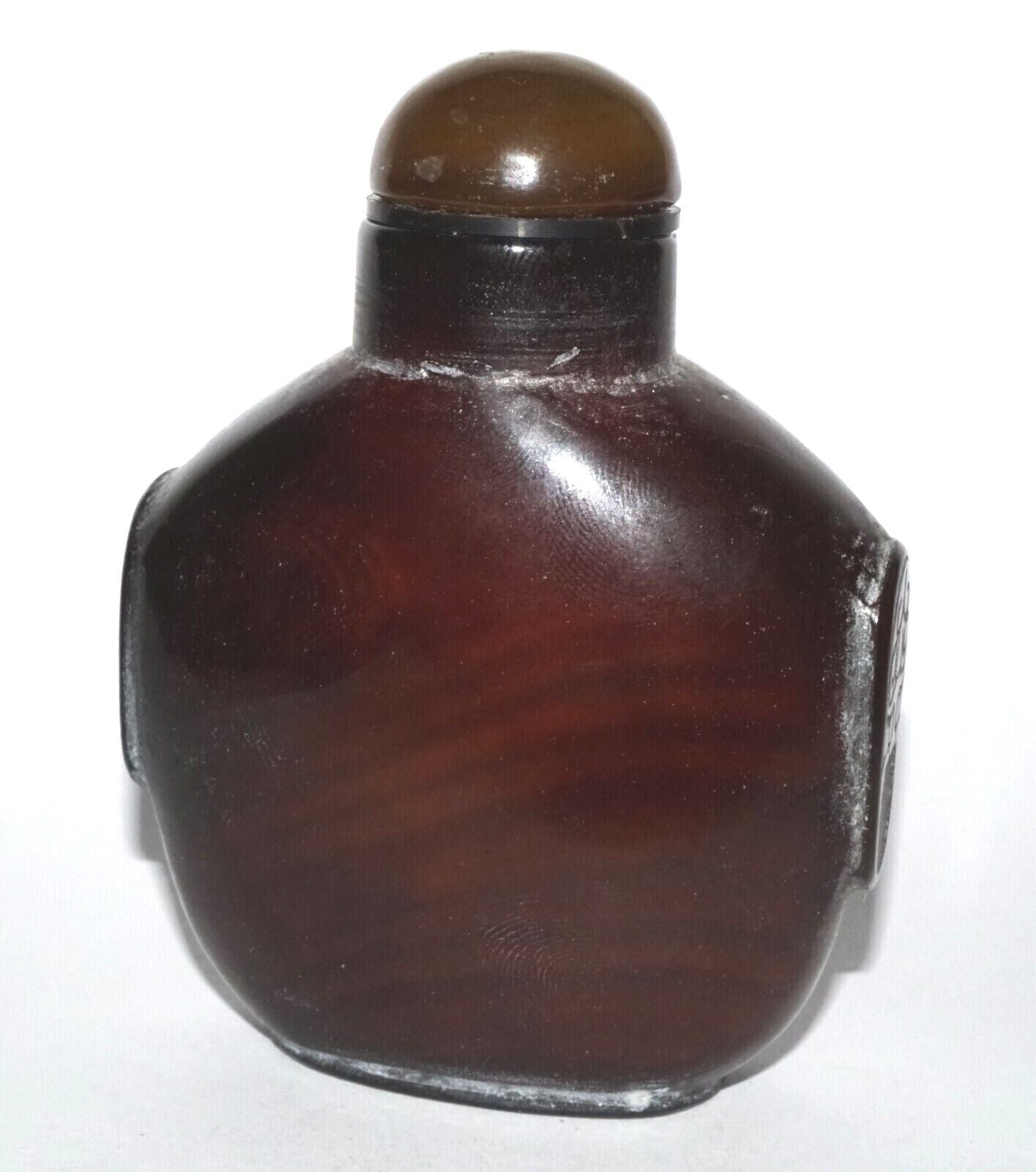 Vintage Chinese Brown Agate Carved Snuff Bottle w. Mask Handles (LeS) G12