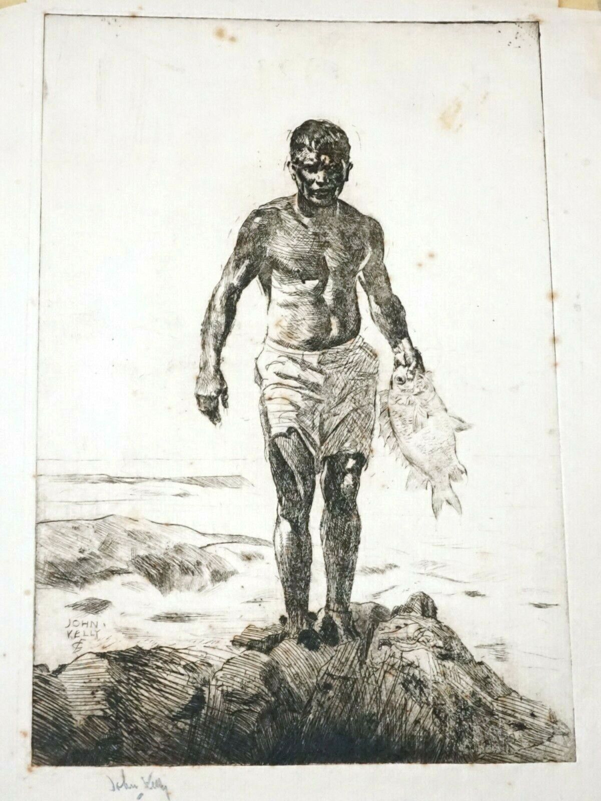 1928 Hawaii Etching Print Fisherman by John Melville Kelly (1879-1962)(Kel)