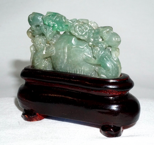 Vintage Chinese Jadeite Jade Monkey & Peach Motif Carving on Stand (InS)