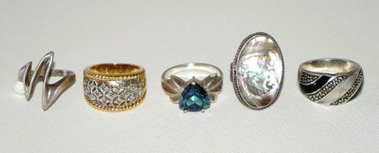 5x Sterling Silver Rings Diamonds Blue Topaz Shell Enamel (NoN)R43