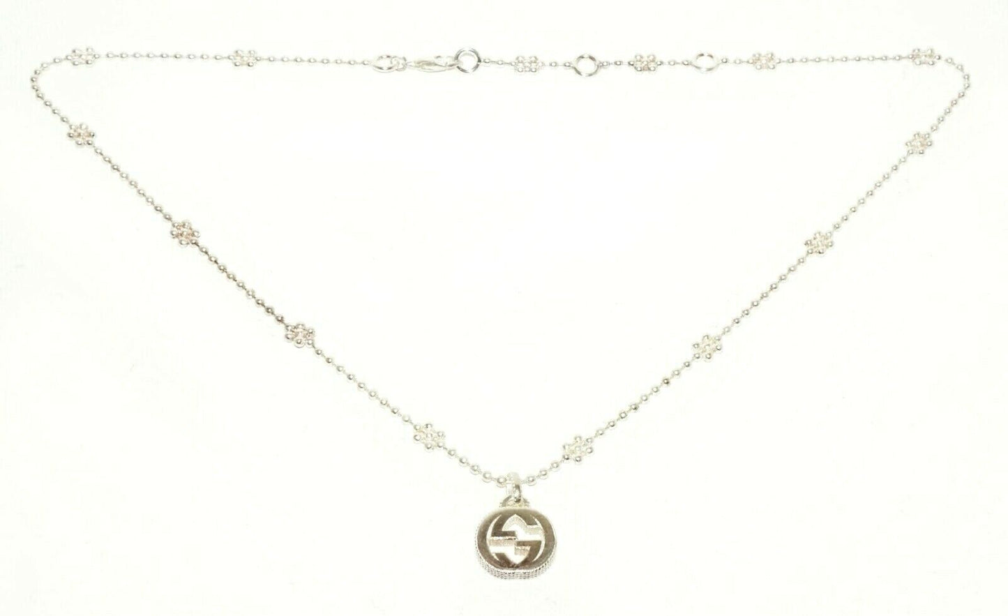 Italy Sterling Silver Interlocking G Pendant Necklace w Flower Chain Gucci (LeP)