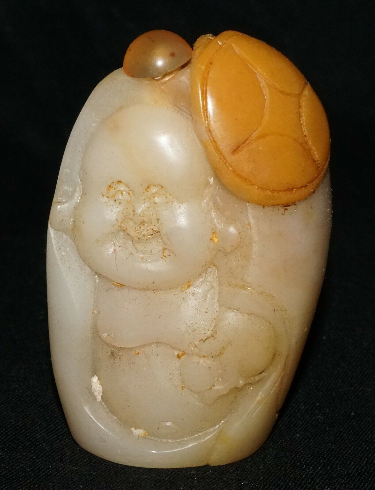 Chinese White Jade Pebble Carved Snuff Bottle w. Laughing Buddha Motif (LeS) G2