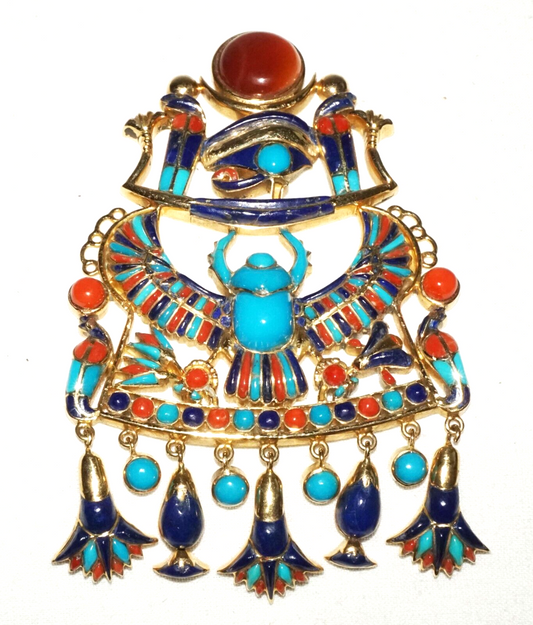 Vtg Egyptian 18k Yellow Gold & Enamel Lapis Eye Horus Ra Scarab Pendant (DaJ)