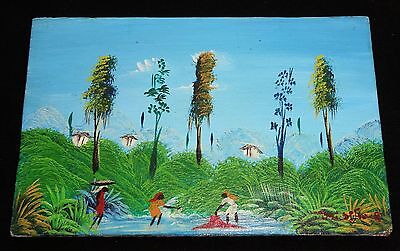 1980's Haitian Acrylic Mini Painting "Washing Laundry" by illegible signed (Stea