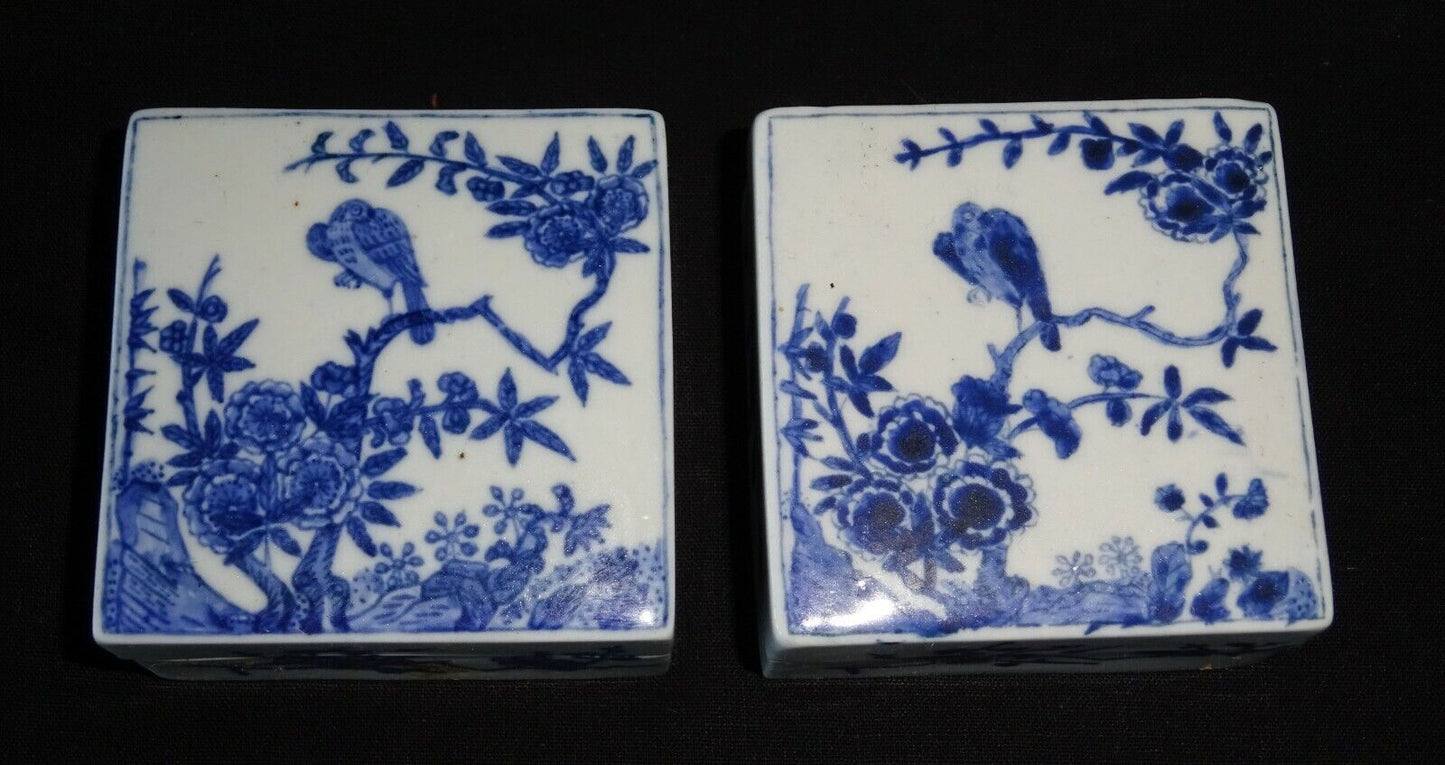 Pair 19C Chinese Blue & White Square Porcelain Boxes Bird & Flower Motif (HeN)