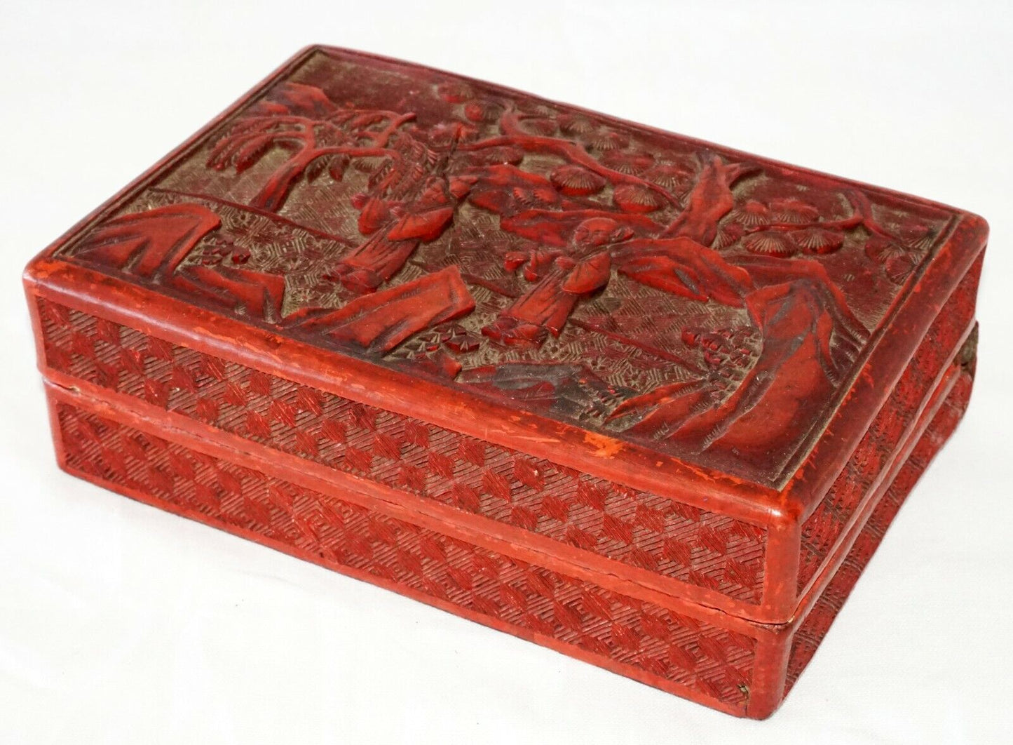 Antique Chinese Real Cinnabar Covered Box w. Scholars in a Garden Motif (DaC)