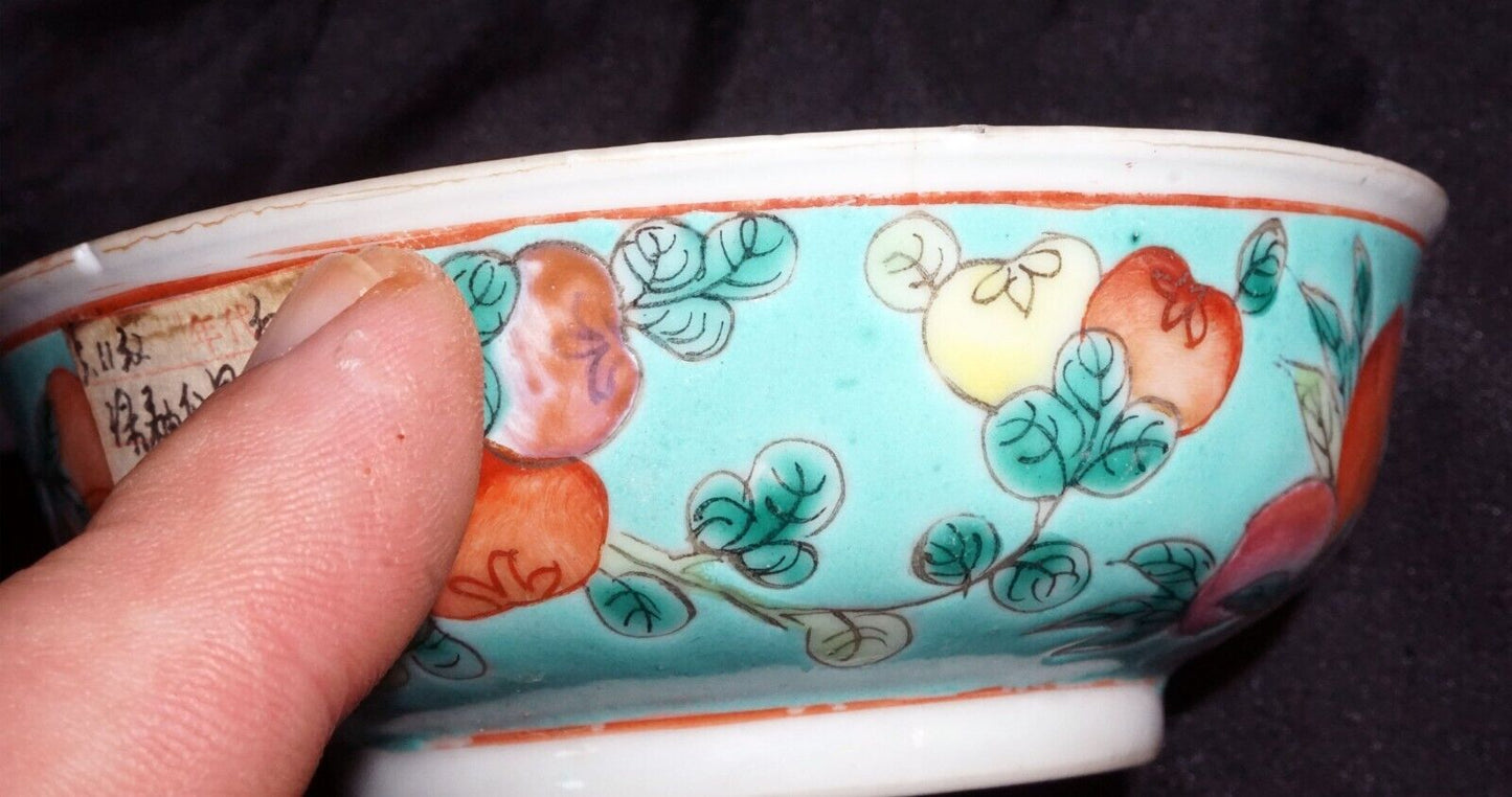 Antique Chinese Porcelain Bowl Multicolor Fruit Turquoise Ground Motif (WCa) IC