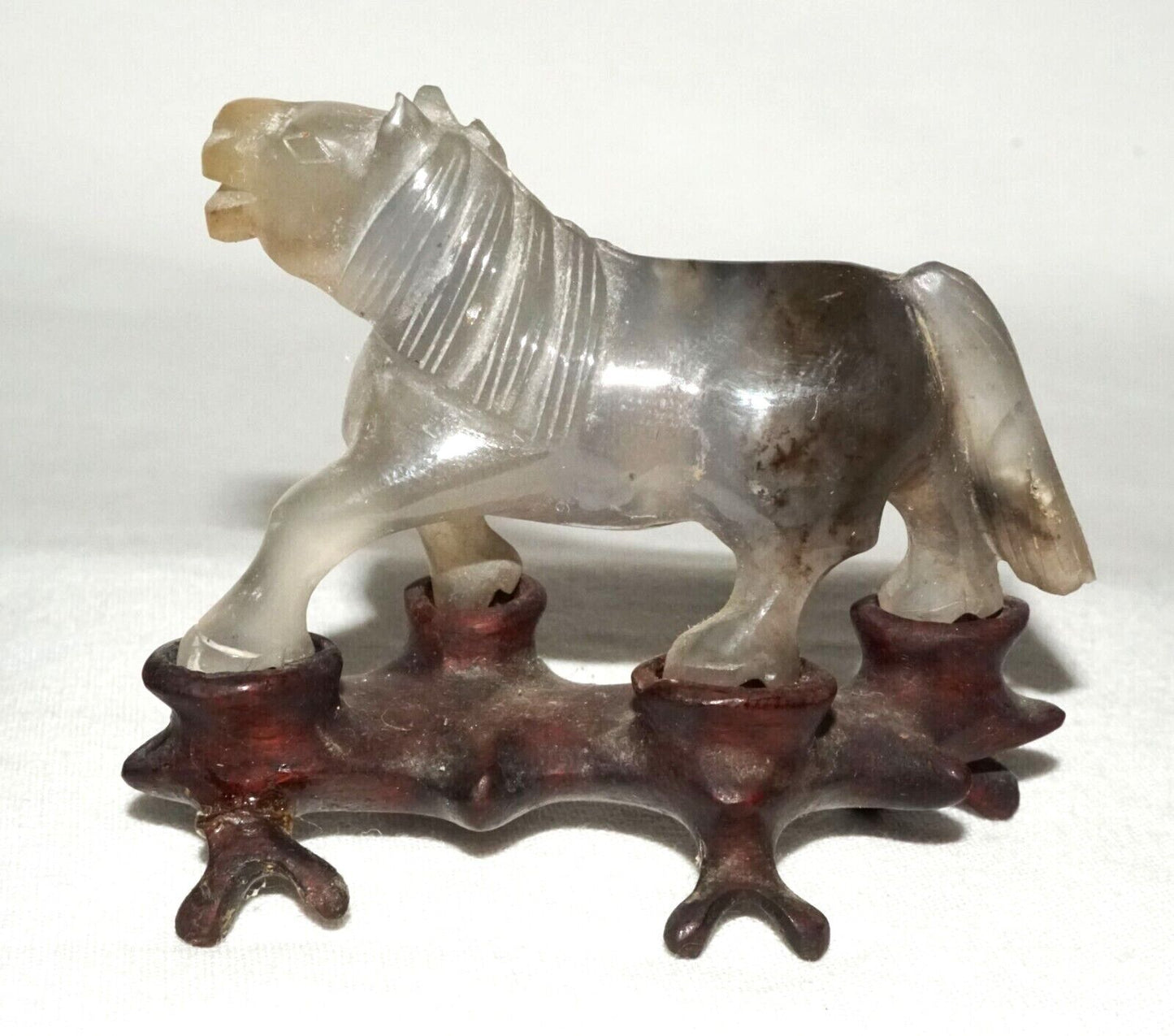 Vintage Chinese Gray & Purple Fluorite Carving Frolicking Horse on Stand (FeH)