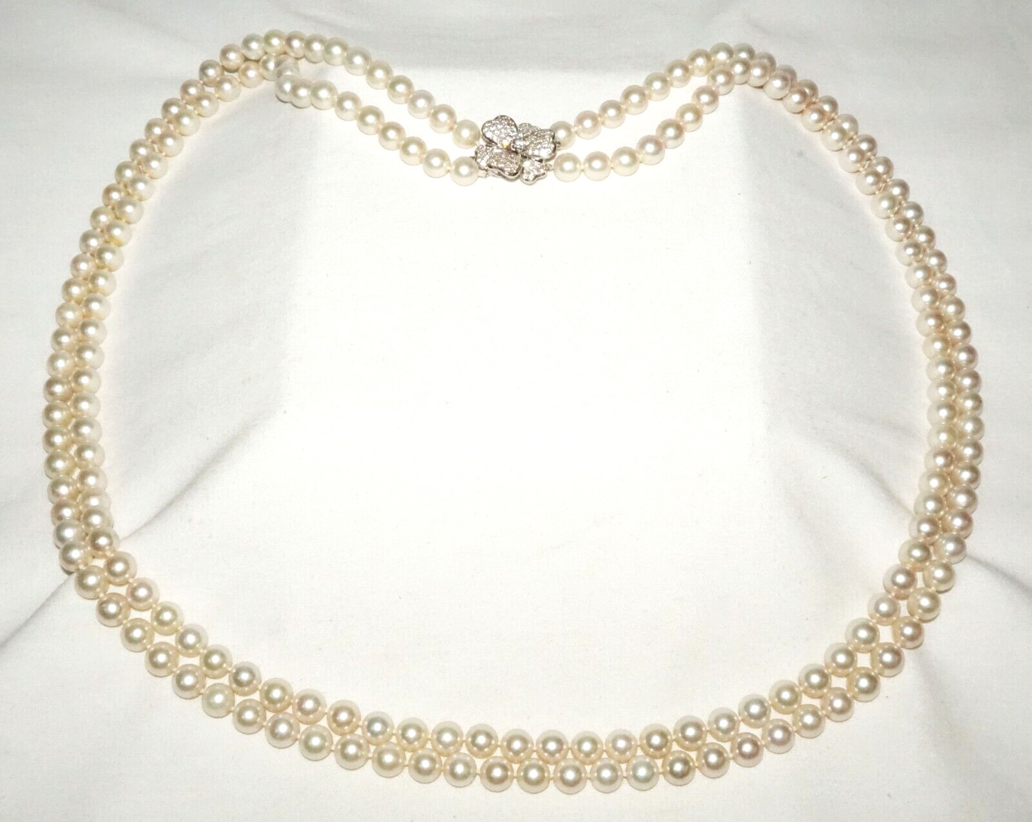 Vtg. Double Strand Pearl Necklace w. 14k W. Gold 93x Diamond Flower Clasp (LeD)