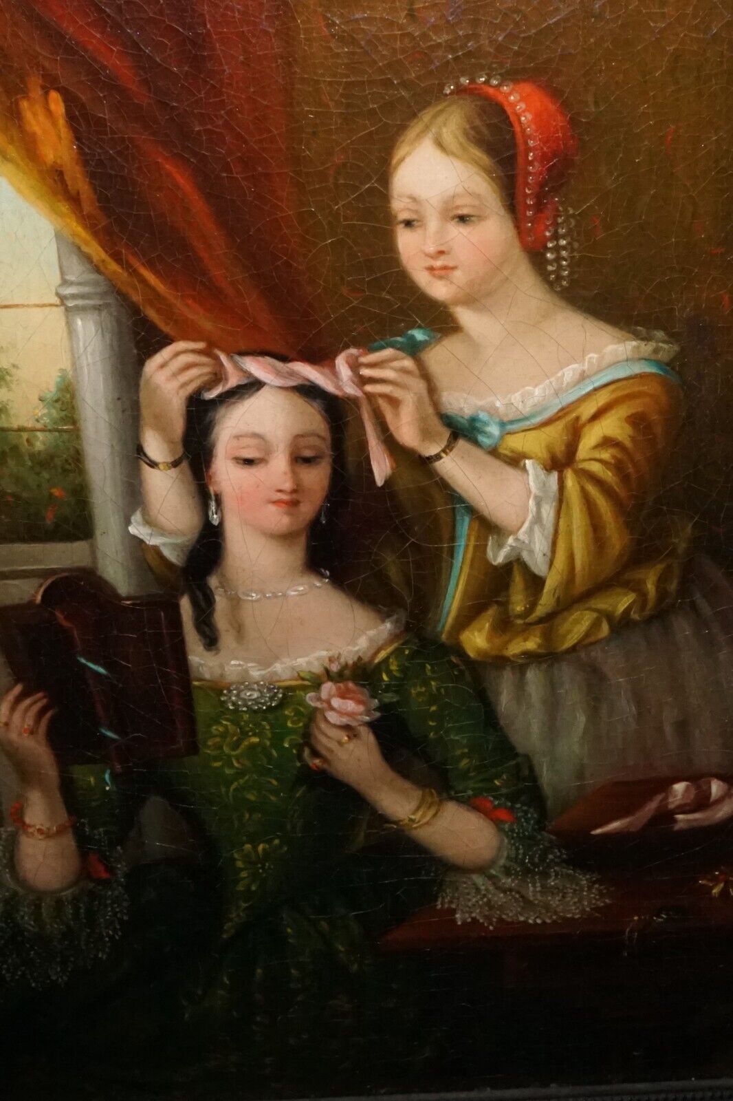 19C American Antebellum Oil- Ladies at Dressing Table Artist Unknown (KoR)