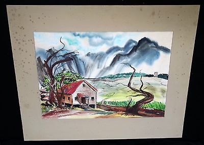 1970s Hawaii Watercolor Painting "Plantation House" by S. Miyagawa (Mi)