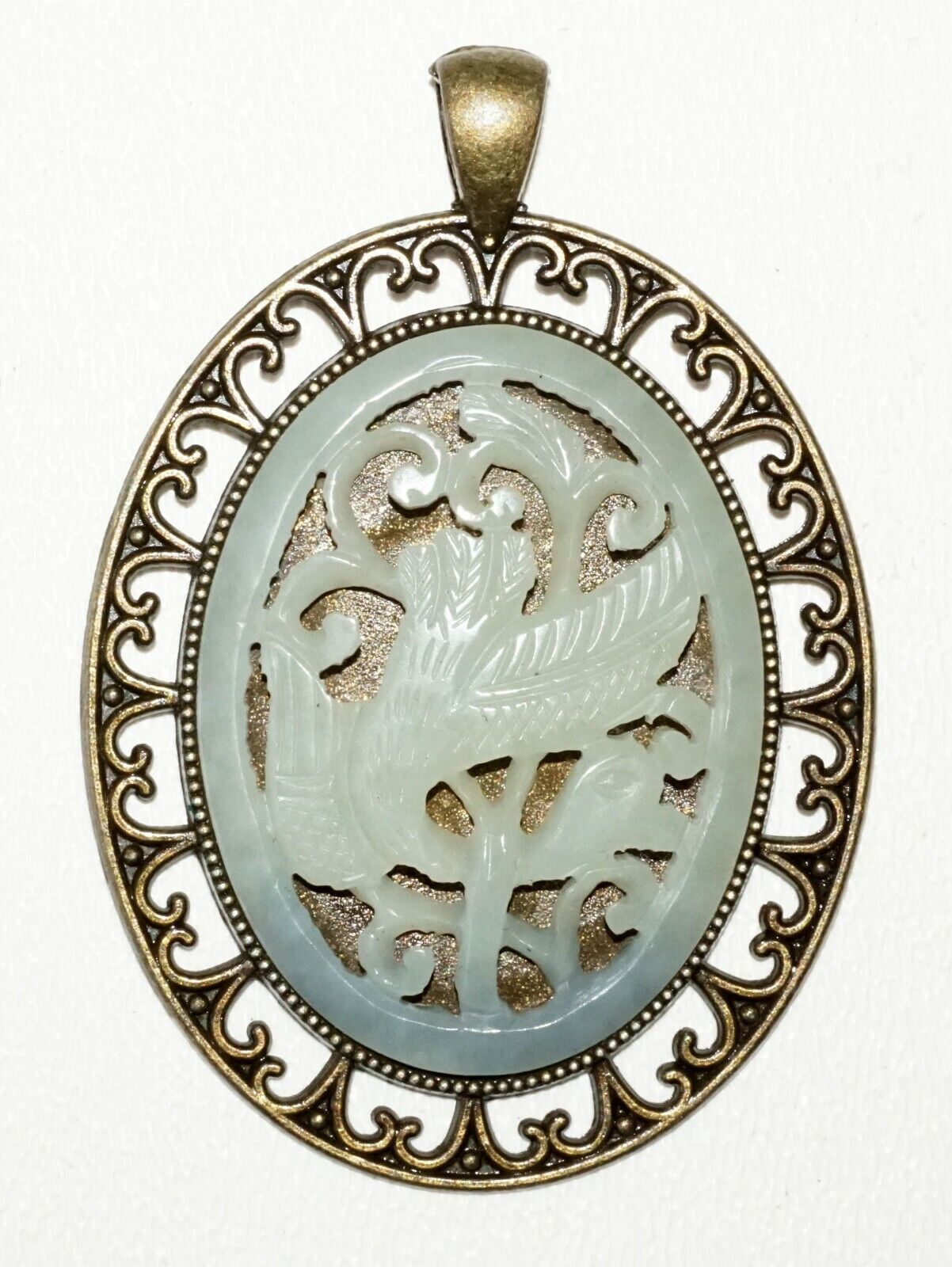 20C Chinese Pierced Oval Pendant set w. Pierced Jade Plaque Phoenix Motif (***)