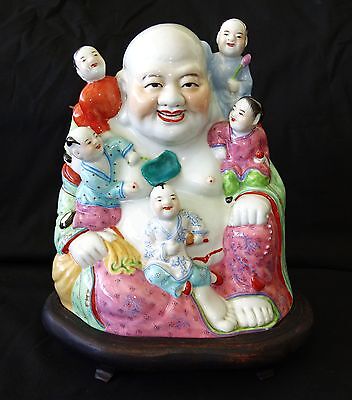 20CT Chinese Porcelain Buddha w. Children in Famille Rose w Stand (Won) IC