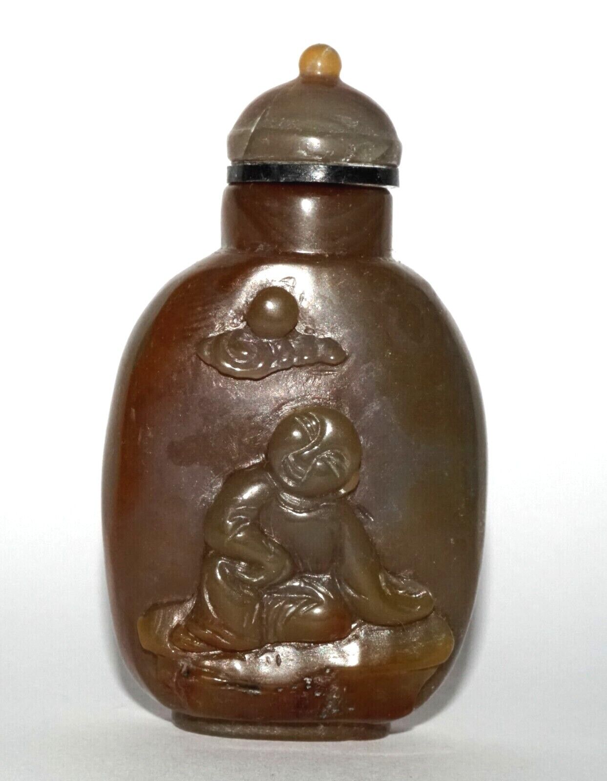 Vintage Chinese Agate Carved Snuff Bottle w Boy in Garden Relief Motif (LeS) G12