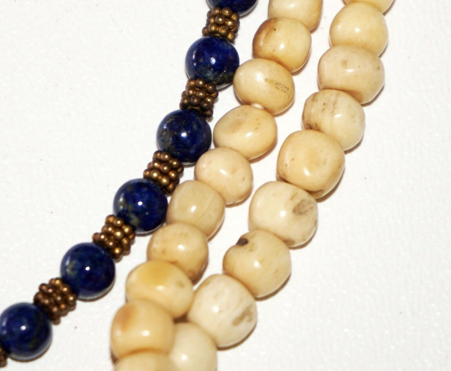 2+1x Antique Bone Bead & Brass & Lapis Lazuli Bead Necklaces (Bsg)#38