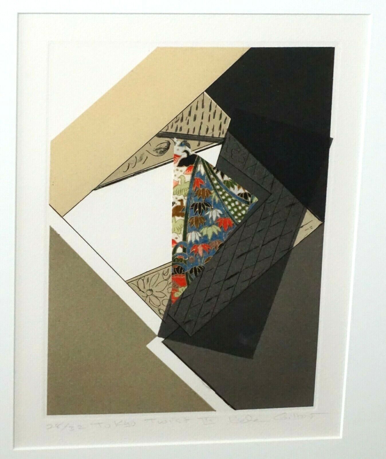 '90s Hawaii Etching Print Collage "Tokyo Twist III" Helen Gilbert (1922-02)(SaJ)