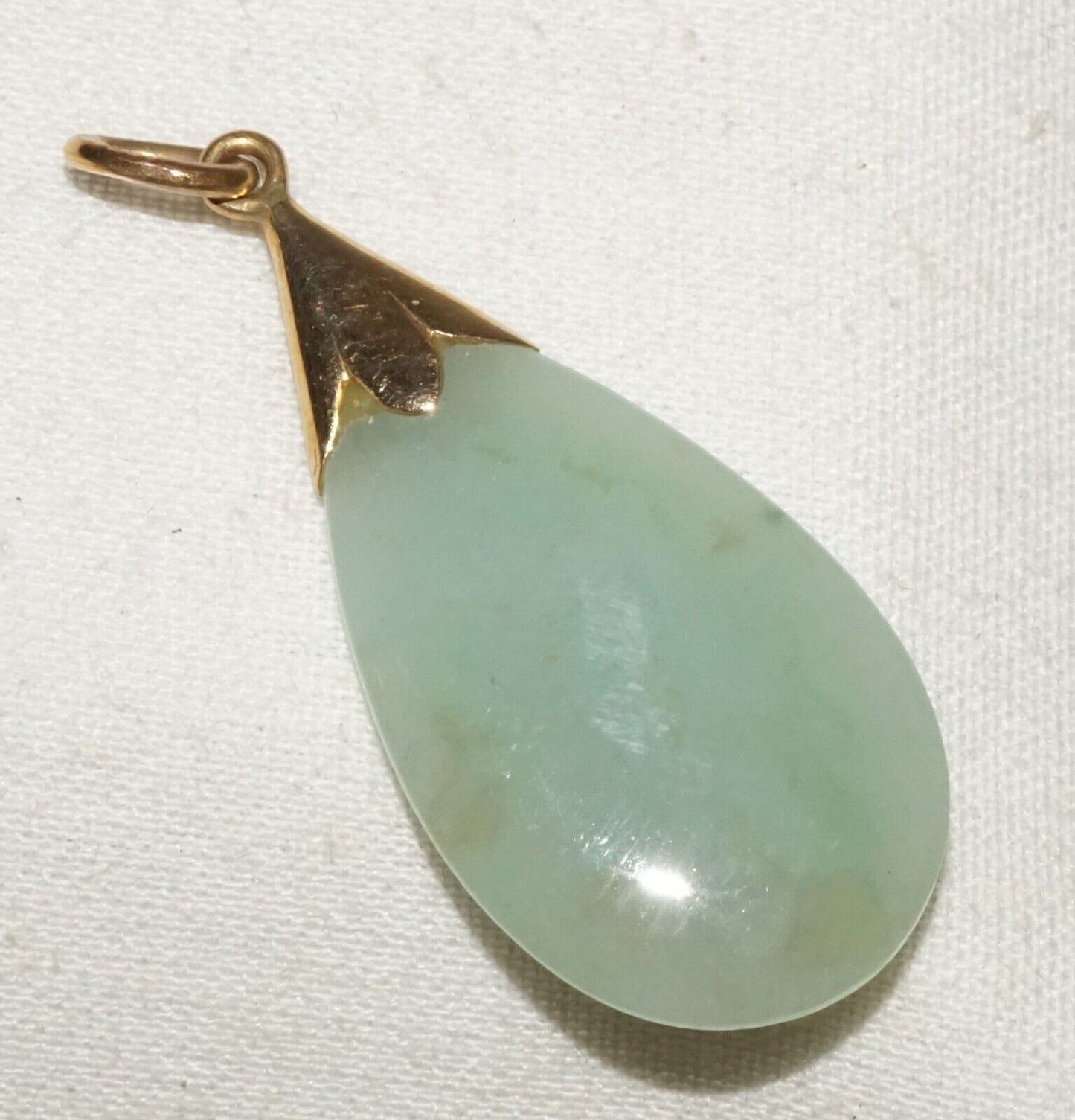 Vintage Chinese 14k Yellow Gold set Green jadeite Jade Drop Pendant (InS)L6