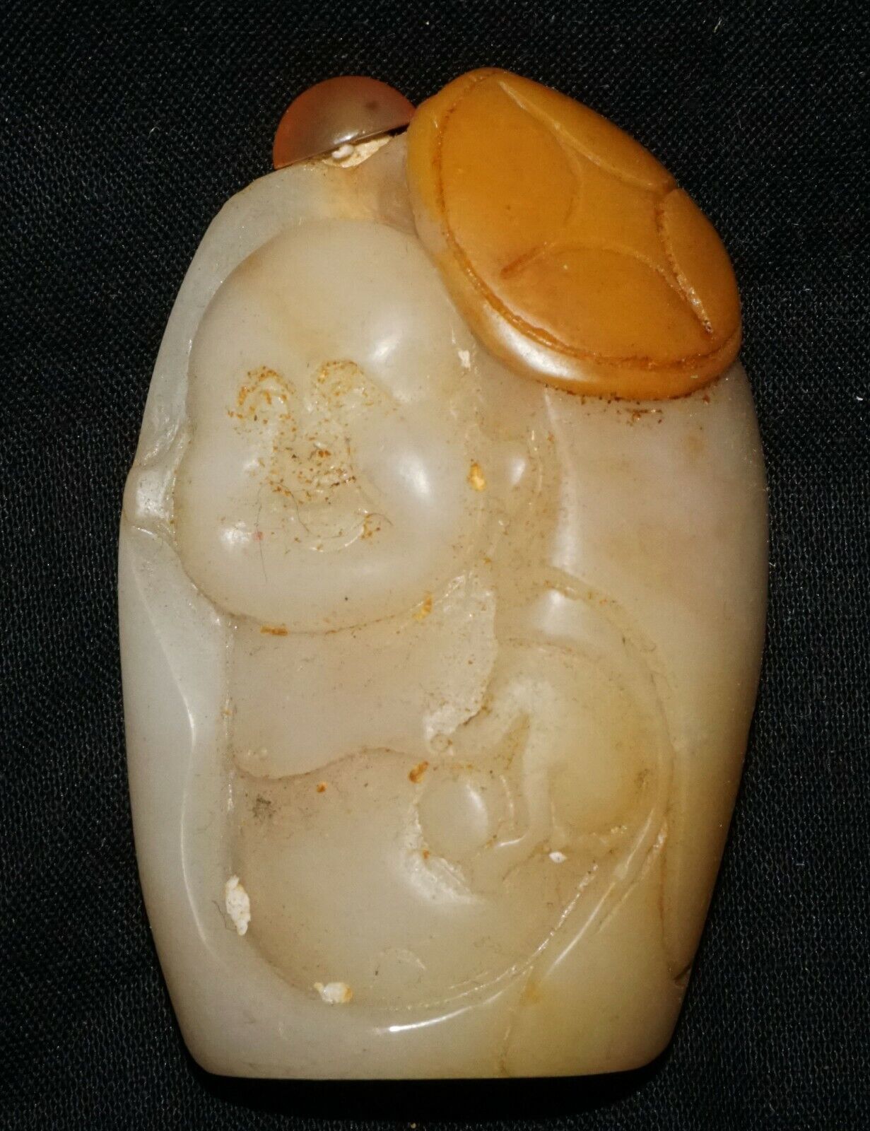 Chinese White Jade Pebble Carved Snuff Bottle w. Laughing Buddha Motif (LeS) G2