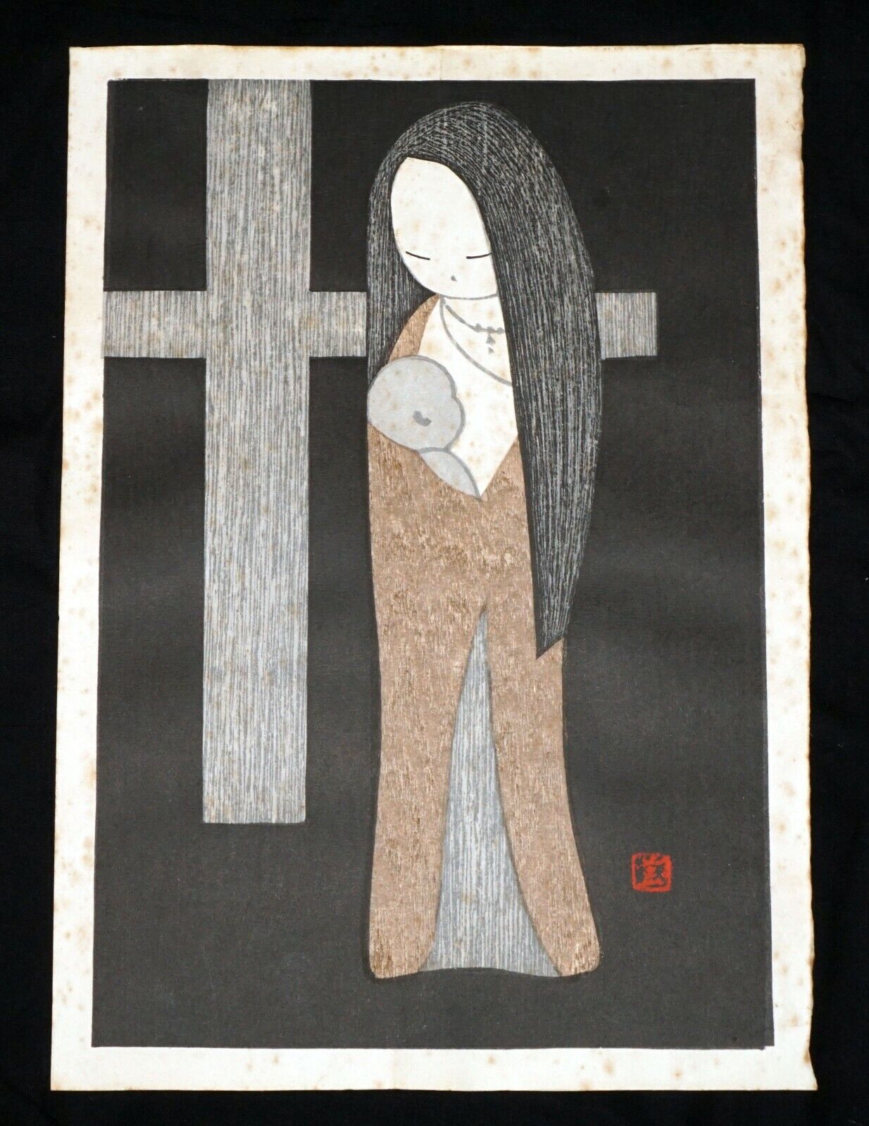 1955 Japanese Woodblock Print Madonna & Child by Kawano Kaoru (1916-1965)(***)