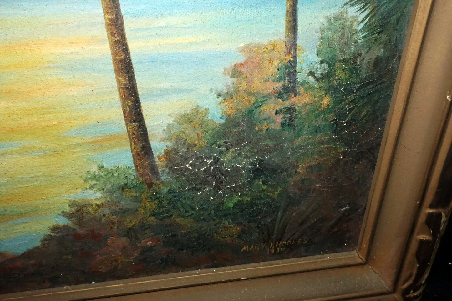 1938 California Framed Oil Painting "Palms & Sailboat" by Mary I. Hoopes (***)