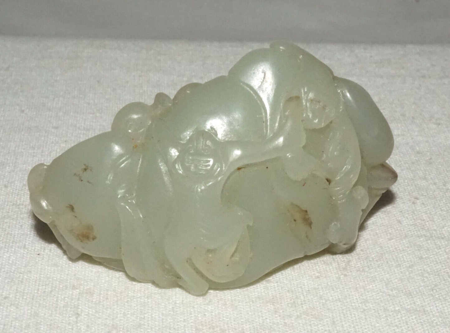 Antique Chinese Finely Carved Nephrite Jade Double Monkey & Peach Motif (InS)L5