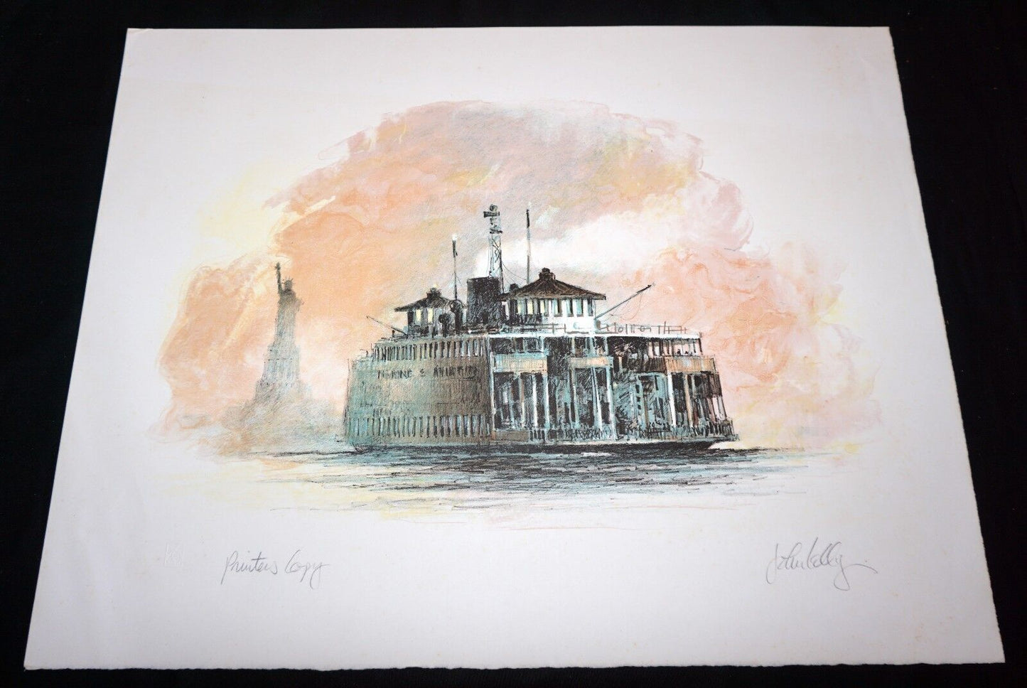 1970s N.Y. Lithograph Print P.C. "Fairy Boat & Lady Liberty" by John Kelly (Mod)