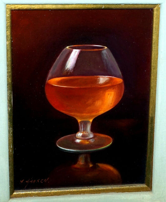 Vintage US Framed Oil Still Life Painting Cognac Sniffer by A. Hansen (FeO)