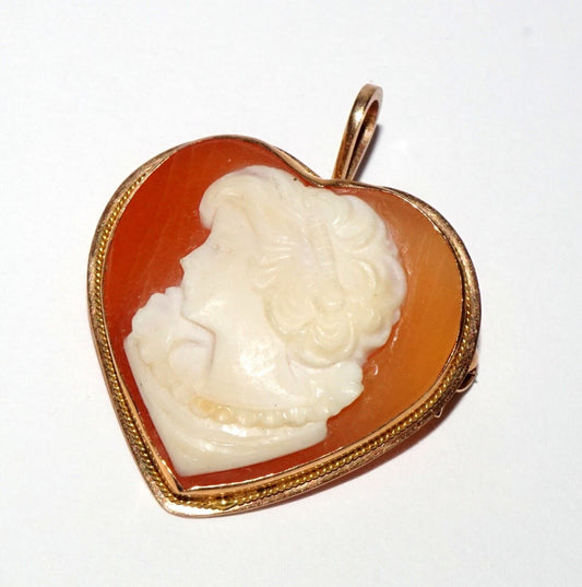 Vintage Italy 14k Yellow Gold Heart Pendant Shell Cameo Beautiful Woman (LeL)