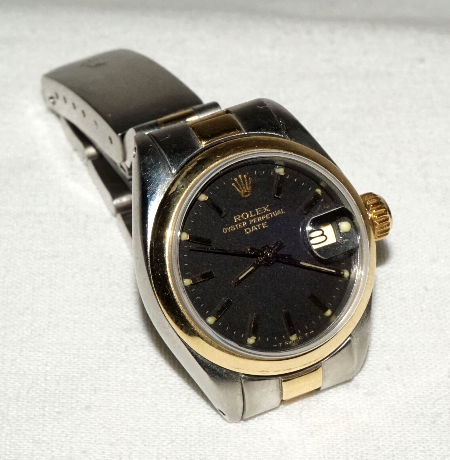 1970s Rolex DateJust Woman's Wristwatch Stainless & Gold & Black Dial (MHB)