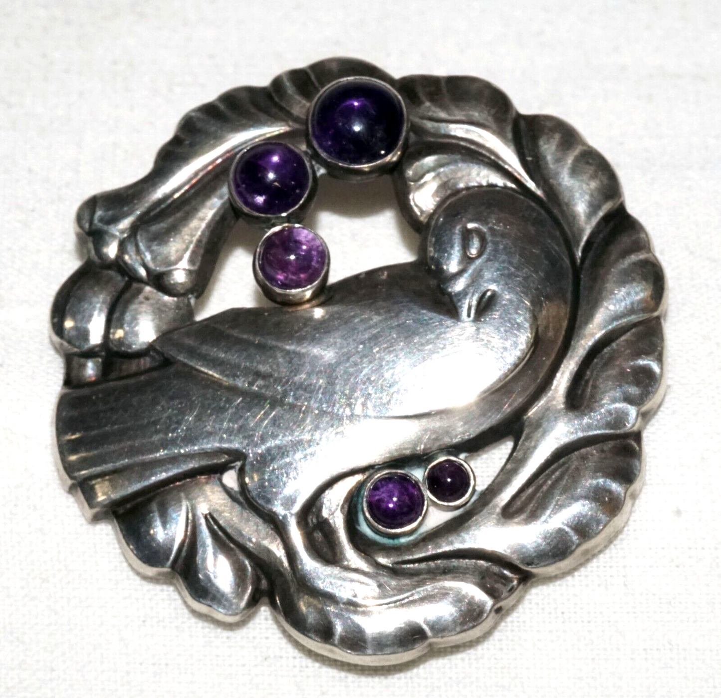 Vtg Denmark Sterling Silver & Amethysts Dove Brooch #123 Georg Jensen (KoS) L10