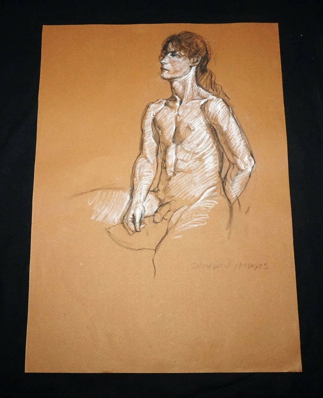 Hawaii Red/Black/White Conte Drawing Seated Male Nude by Snowden Hodges (Sho)#18