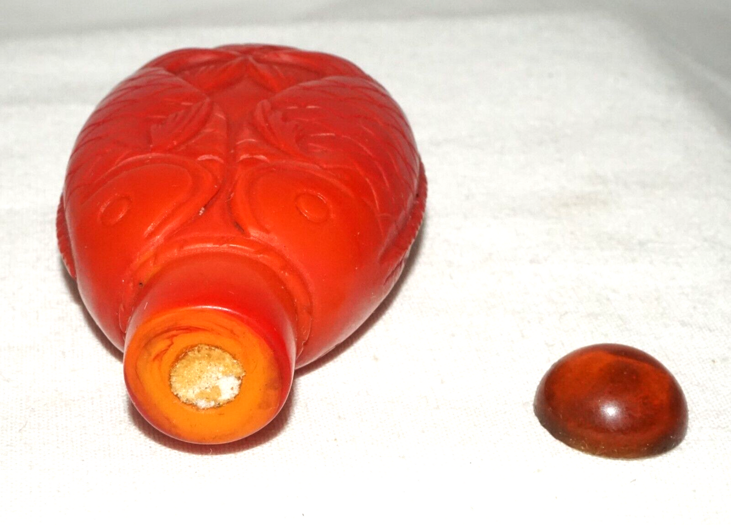 Vintage Chinese Red Glass Snuff Bottle w. Double Leaping Carp Motif (FeH)