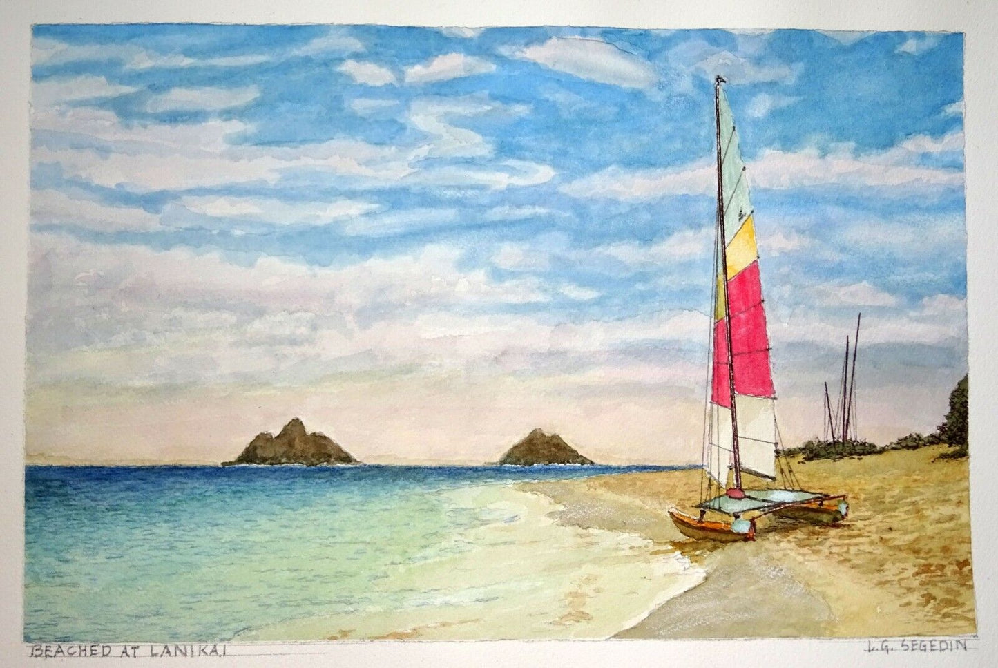 Hawaii Watercolor Painting "Hobie Cat Beached at Lanikai Beach" L. Segedin #148