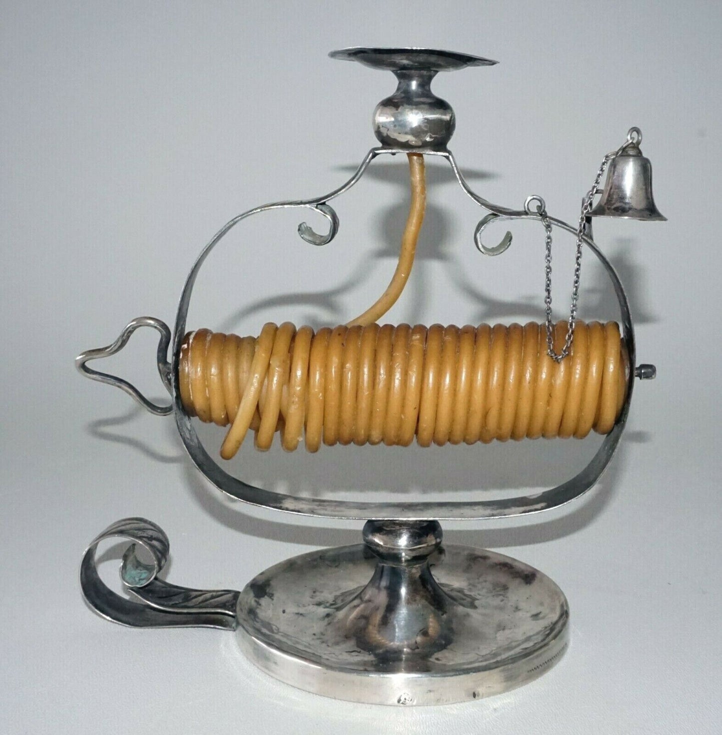 18C Spanish Silver Candle Stand Wax Jack w. Bell and illegible Hallmarks (MoW)