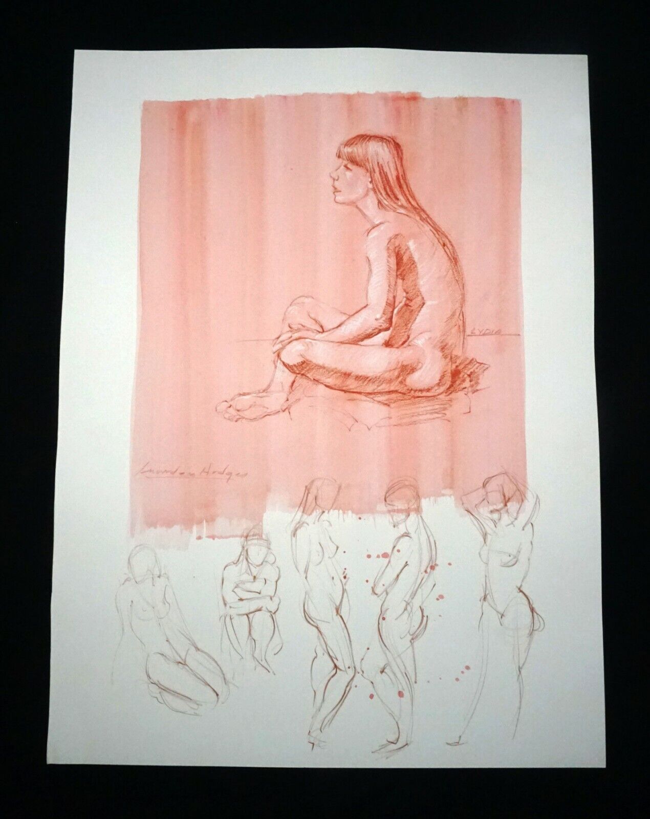 Hawaii Mixed Media Wash Painting Seated Female Nude by Snowden Hodges (Sho)#140