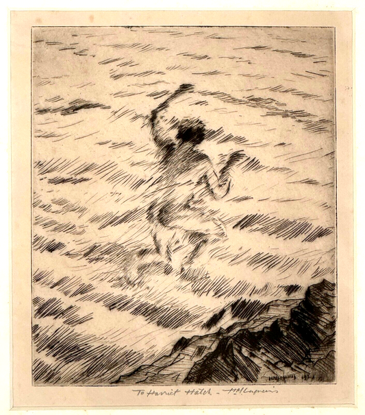 1921 Etching of a Man Swimming by Huc Mazelet Luquiens (KuK)