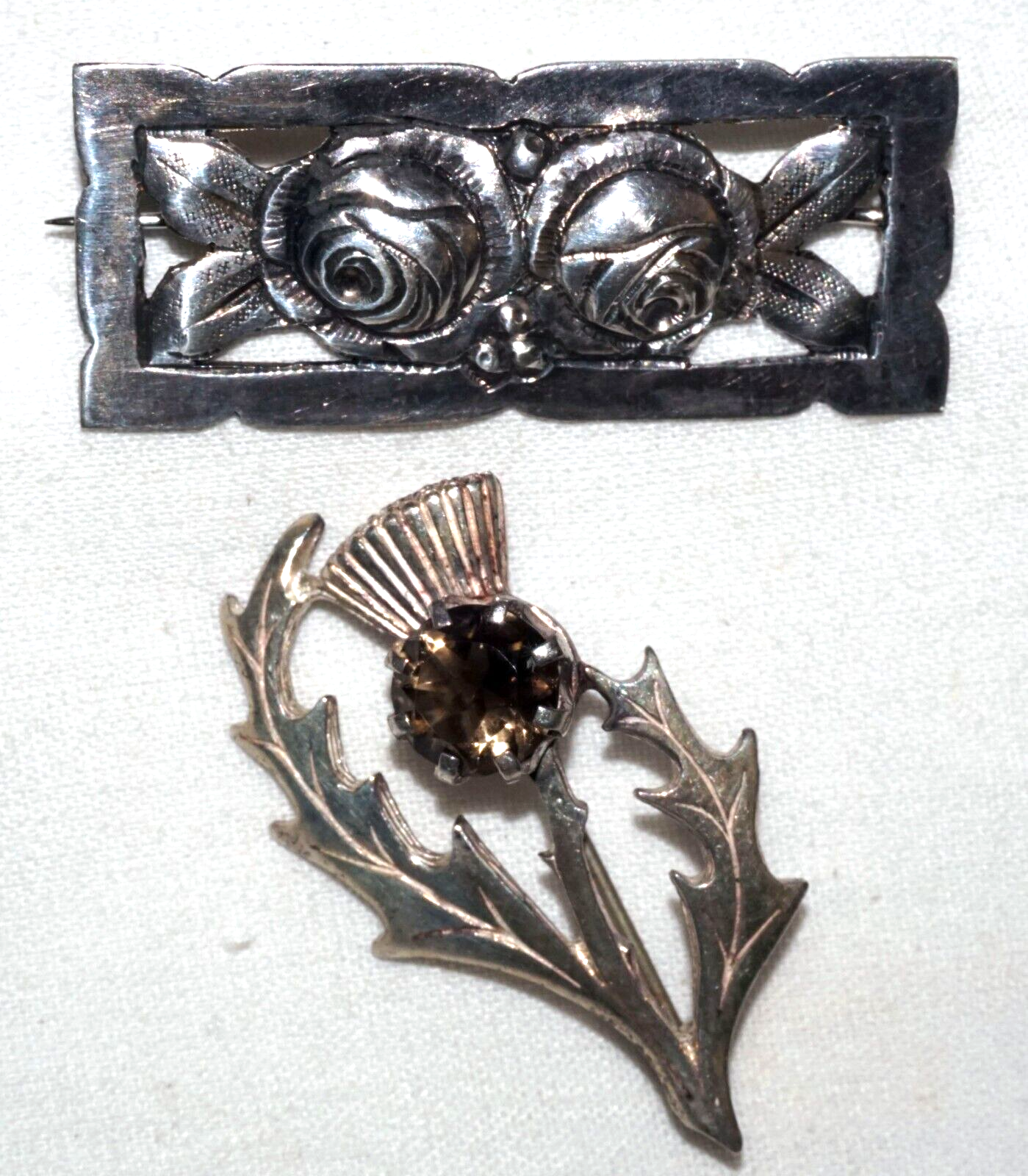 2Pc Vintage US/Scotland Sterling Silver Thistle & Quartz & Rose Brooch (KoS) L10