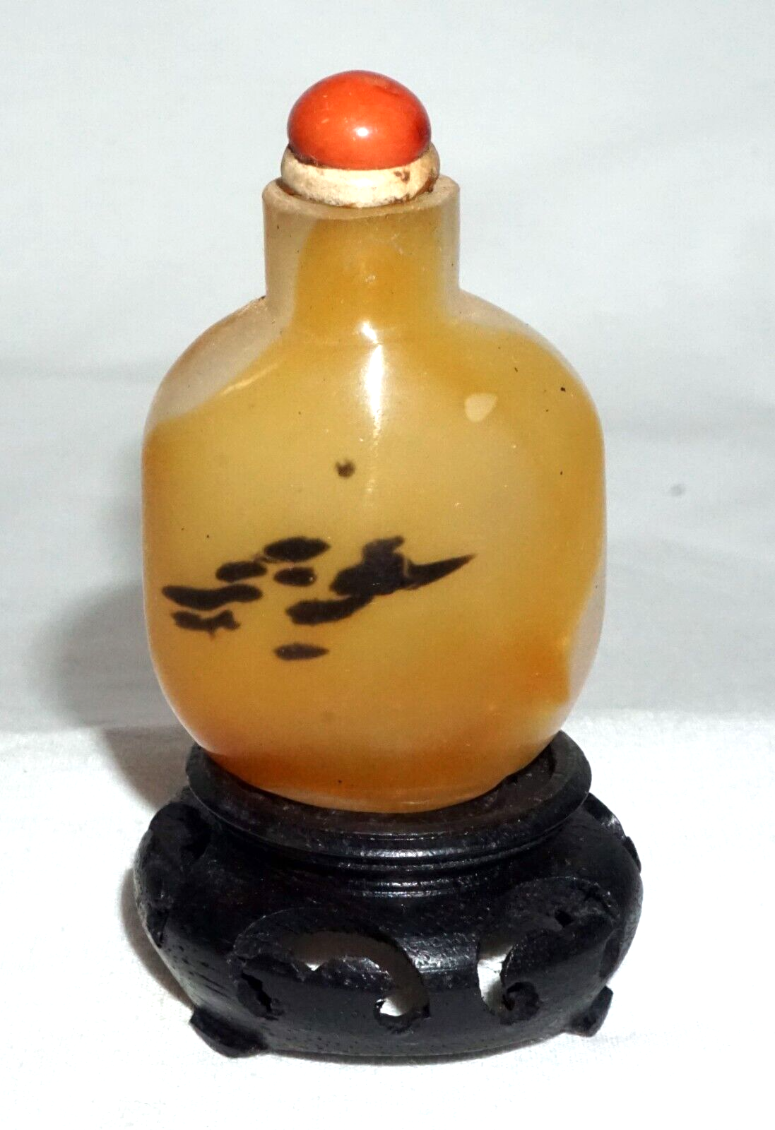 Vintage Chinese Shadow Agate Style Glass Snuff Bottle on Stand (LLA)